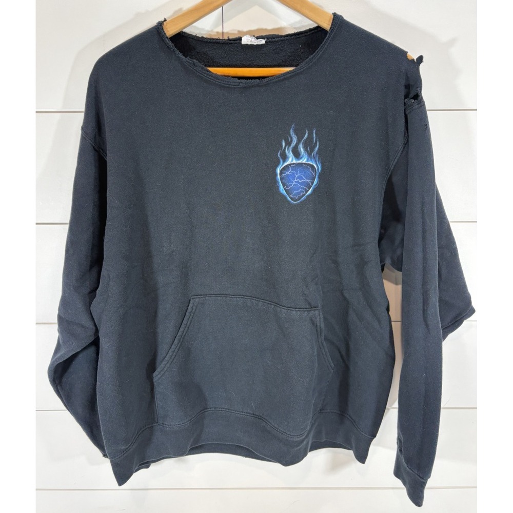 Guitar Blue Logo Lightning Flames Sweatshirt Pullover Black Adult S/M Distressed